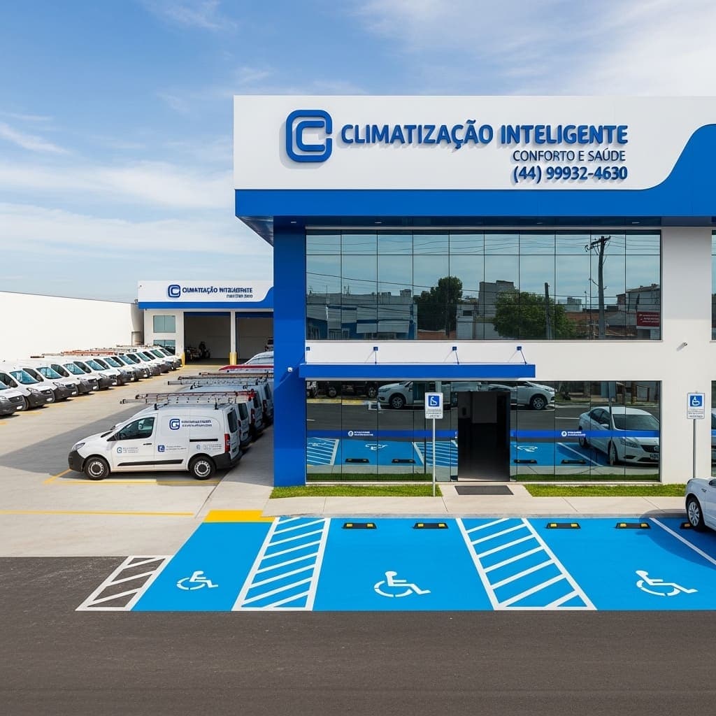 Fachada profissional da Climatização Inteligente em Maringá com logo e veículos da empresa