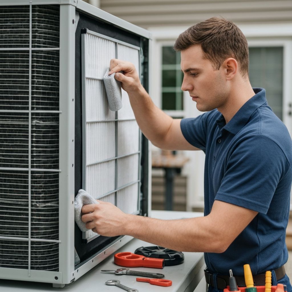 Técnico realizando manutenção preventiva e limpeza de ar condicionado